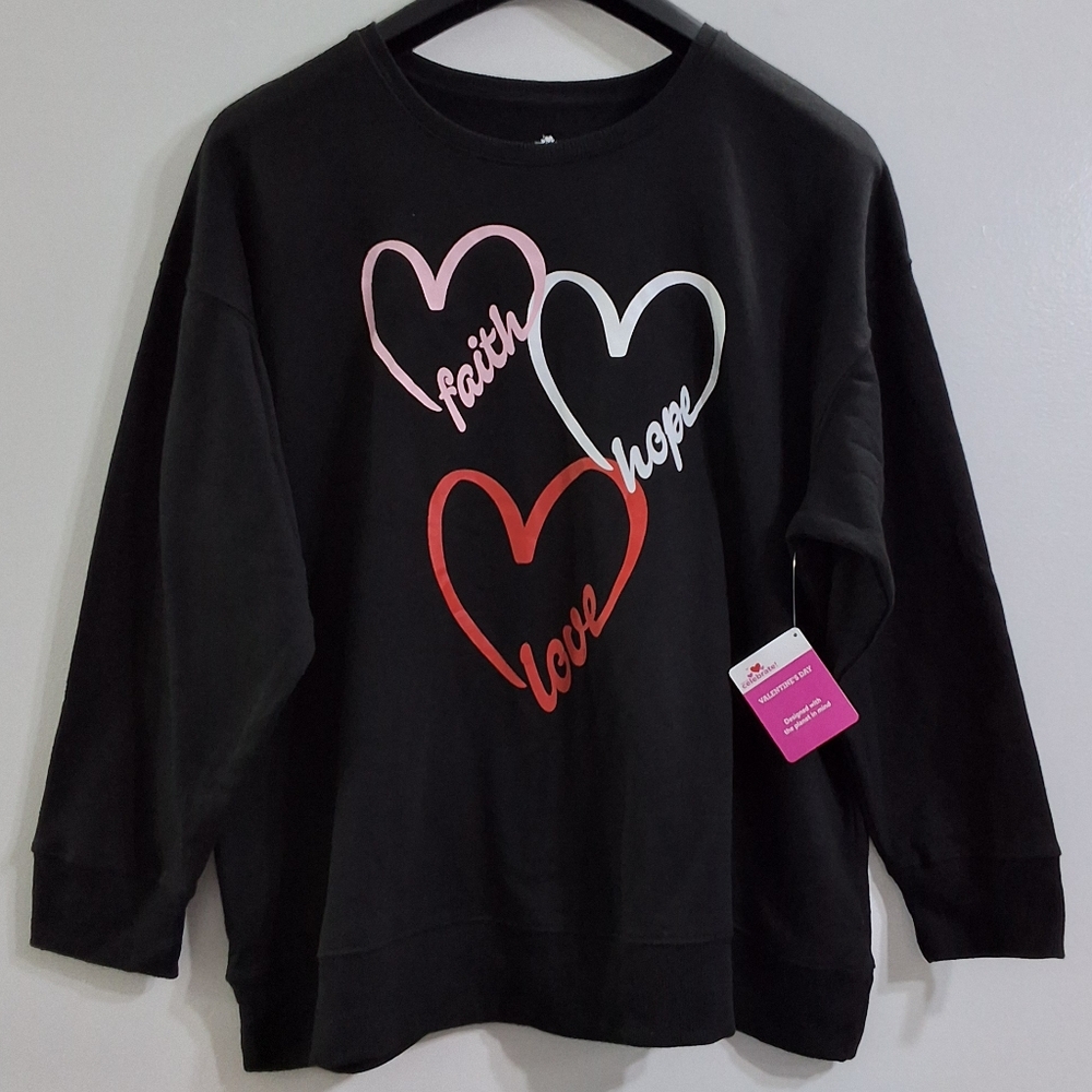 Women's Plus Size Valentine's Day Faith Hope Love Black Graphic Sweater, XXL(20)